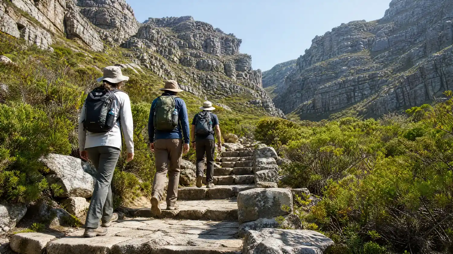 Three hikers seen from behind on a stone-step path in a wide rocky gorge, hats and daypacks on