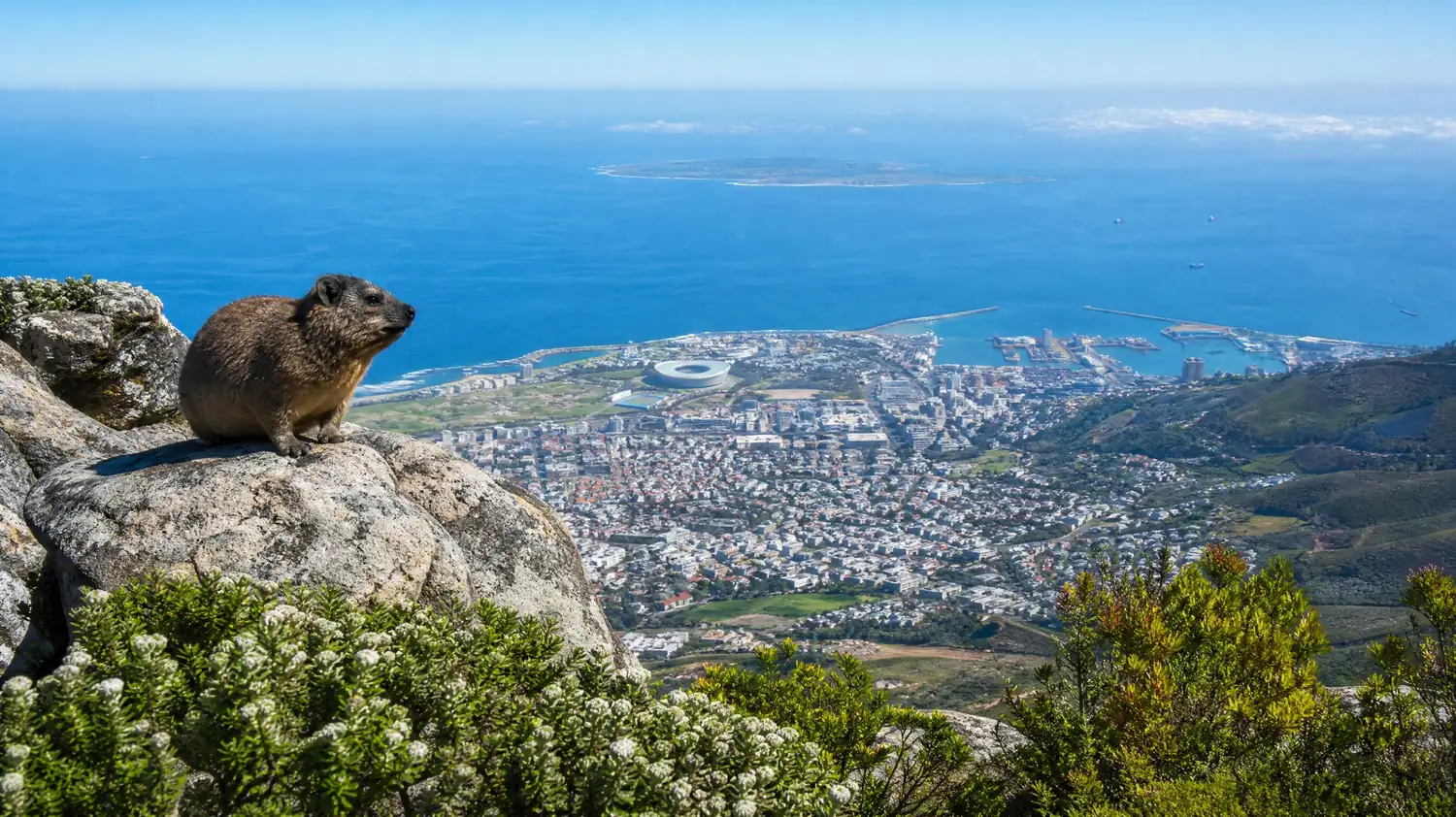 A dassie sitting on a boulder on top of Table Mountain, fynbos around it and the city bowl and Robben Island far below